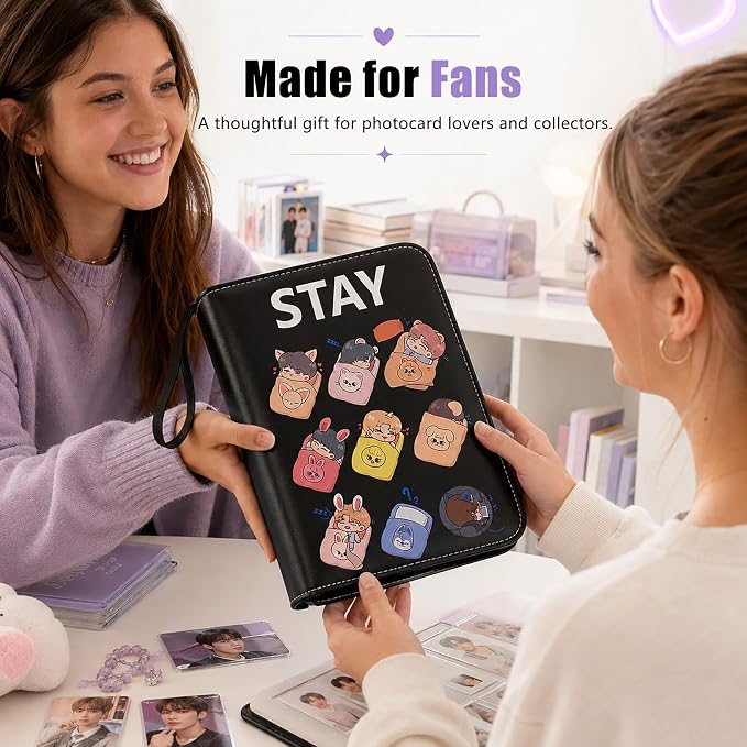 Kpop Photocard Binder, 400-Pocket STAY Cute Trading Card Album with 50 Double-Sided 4-Pocket PP Pages, Zipper PU Leather Card Holder for Photo Cards, Lomo Cards & Collectibles (Dark, 4 Pockets) - Image 8