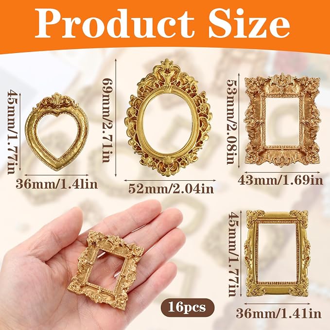 Ymapinc 16Pcs Small Gold Picture Frames, Vintage Baroque Mini Gold Frames for Crafts, Resin Picture Frame for Wedding/Christmas/DIY Decor, Mini Antique Frame - Image 2