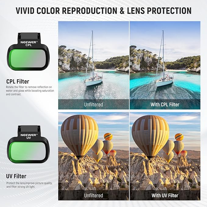 NEEWER 6 Pack ND Filter Set Compatible with DJI Mini 4K/2/Mavic/SE/2 SE | Drone Lens Accessories, Snap on, CPL, UV, Neutral Density Filters, ND4/8/16/32, Multi Coated HD Glass, Gimbal Safe, FL-B31 - Image 4