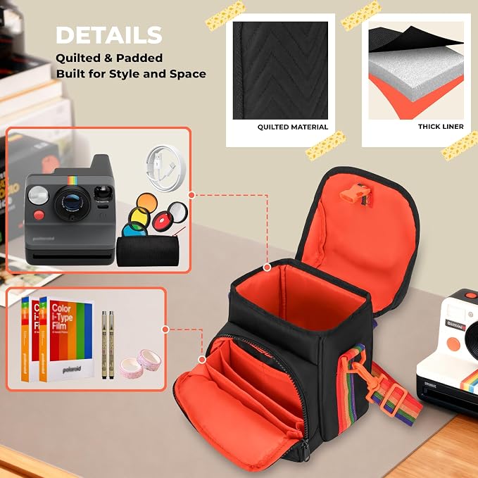 Camera Case for Polaroid Now 3rd/2nd Gen with Photo Display Window | Instant Camera Sling Bag with Clear Display Window, Quilted Front Pocket, 8mm Padding, Top Handle and Adjustable Strap, Black - Image 5