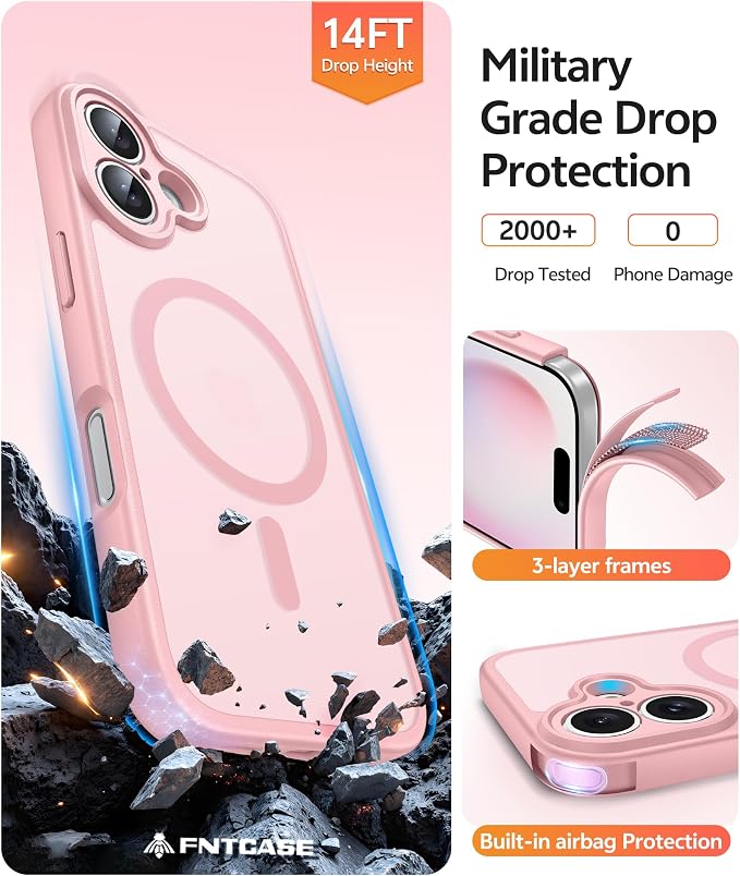 FNTCASE for iPhone 16 Plus Case, Fit for Magsafe, Screen Protector | Full Camera Protection,Translucent Matte, 14FT Military Grade Drop Proof, Shockproof Protective Phone Cover, Light Pink - Image 5