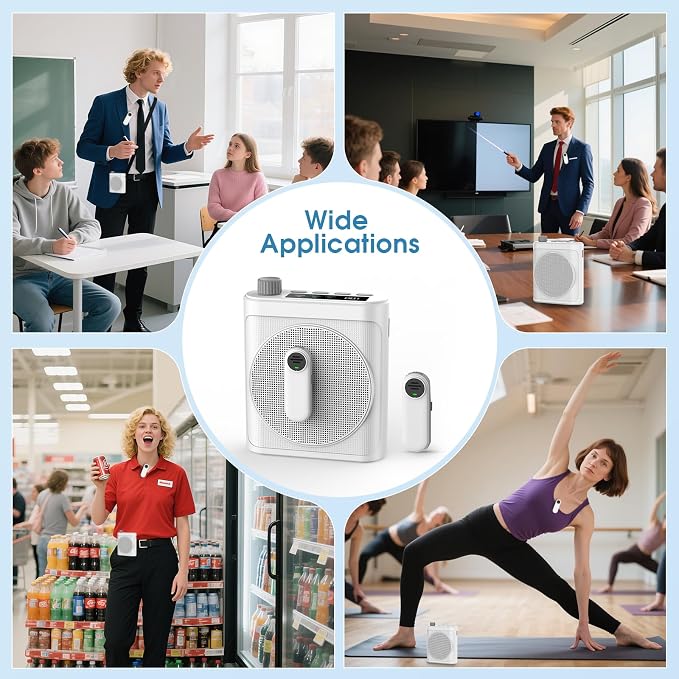 15W Wireless Voice Amplifier with 2 Magnetic Lavalier Mics & Noise Reduction - Bluetooth 5.3 PA System for Teachers, Tour Guide, Yoga - 15H Rechargeable Battery, Waist-Mount Design (White) - Image 7