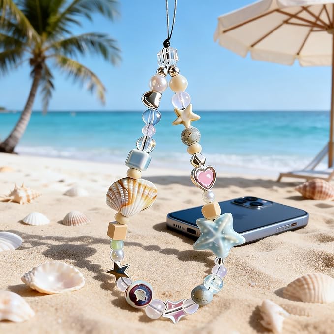 2 Pcs Phone Charm Strap Universal Hand Phone Wrist Strap Camera Lanyard Pearl Beaded Cute Chain String Accessories Universal for iPhone 16 Pro Max Samsung Women Girls Phones Bag Keychain Beach Style - Image 3