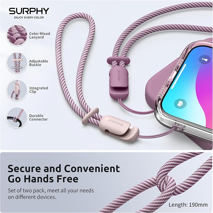 SURPHY 2 Pack Phone Lanyard, Phone Wrist Strap for Case, Camera Wrist Strap | Ultra-Light 2-Color Braided Phone Strap, Cellphone Charm Strap, Anti-Lost Wrist Lanyard for Women and Men, Pink LilacPurple - Image 2