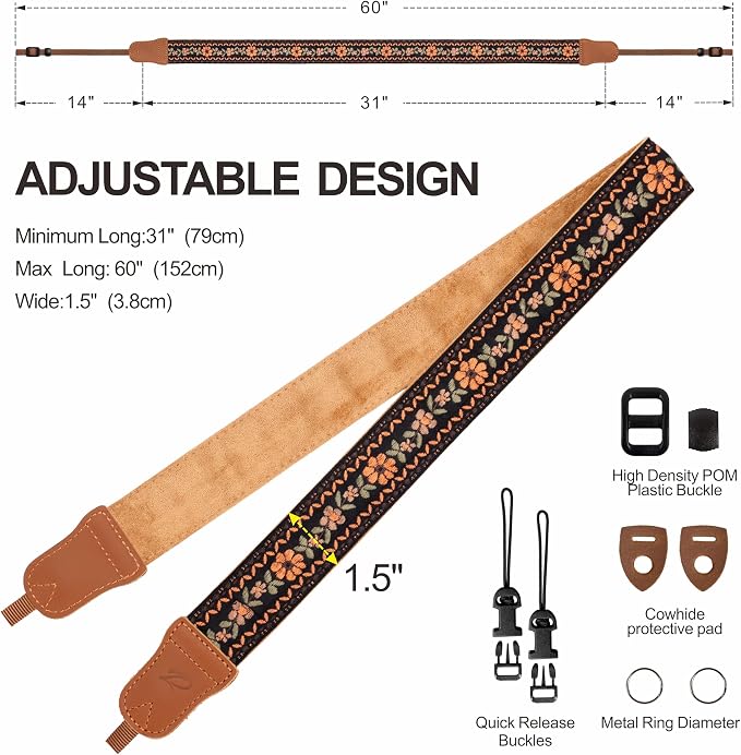 Padwa Lifestyle Embroidered Floral Camera Strap - 1.5" Crazy Horse Cowhide Ends Camera Straps for Photographers, Cute Cotton Weave Soft Suede Fabric Padded Strap fits All Cameras for Adults & Kids - Image 6