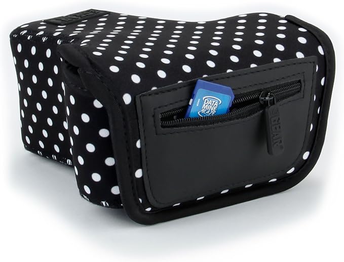 USA Gear Camera Sleeve (Medium) for Compact SLRs Compatible with Canon EOS R100 Nikon Z30 Sony ZV-E10, and more - Padded Neoprene DSLR Case with Zipper Accessory Pocket & Belt Loop (Polka Dot) - Image 9