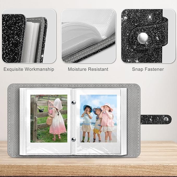 Fintie Mini Photos Album Book for 2x3 Inch Films - 52 Pockets Small Albums | For Fujifilm Instax Mini, Polaroid Hi-Print Pictures, Portable Kpop Photocard Holder, Travel Memory Book, Glittering Black - Image 3