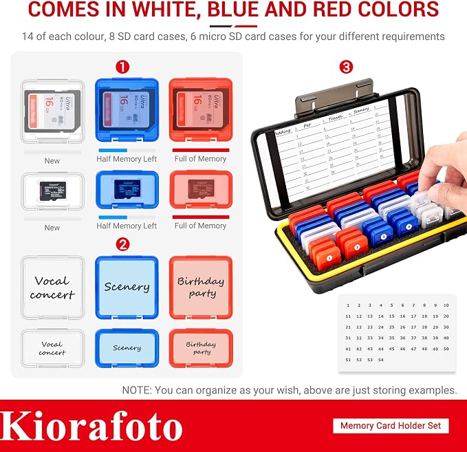 Kiorafoto Memory Card Case w 24 SD & 18 TF Transparent Standard Card Cases | Water-Resistant,Dual Protect,for 24 SD SDXC SDHC & 18 TF MSD Cards,Memory Card Holder Organizer,with Carabiner & Labels - Image 4