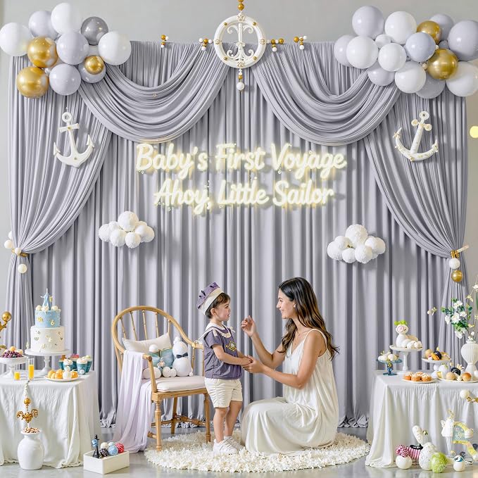 30 ft x 10 ft Wrinkle Free Silver Backdrop Curtain for Parties, Polyester Silver Grey Backdrop Drapes 6 Panels 5x10ft for Baby Shower Photoshoot Engagement Wedding Birthday Photography Background - Image 3