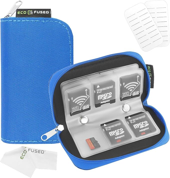 Eco-Fused Memory Card Case - Fits up to 22x SD, SDHC, Micro SD, Mini SD and 4X CF - Holder with 22 Slots (Blue / 22 Slots - 1 Pack) by Eco-Fused