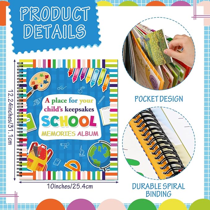 Motipuns School Memory Book Photo Album for Kids, Blue Style | School Years Keepsake Book Album Scrapbook from Preschool Through 12th Grade with 14 Pocket for Storage Portfolio Pictures - Image 2
