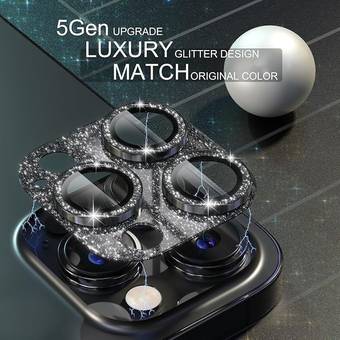 Choiche for iPhone 14 Pro/iPhone 14 Pro Max Camera Lens Protector | Bling Camera Cover with 9H Tempered Glass Lens Screen Protector Metal Ring Decoration Accessories (Glitter-Black) - Image 3