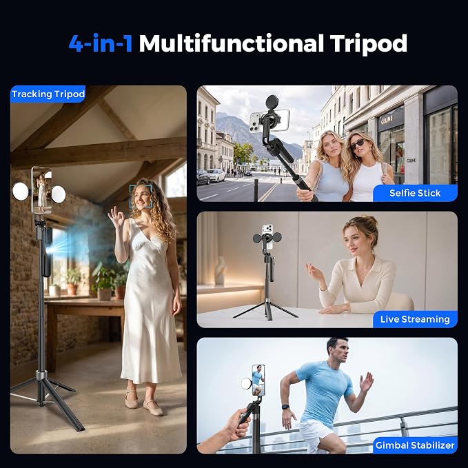 Magnetic Phone Tripod with Light for iPhone MagSafe 70.9'' Auto Face Tracking Selfie Stick with Remote, Portable 360°Tracking Stand that Follows Your Movement for Video Recording, Travel, Vlogging - Image 6