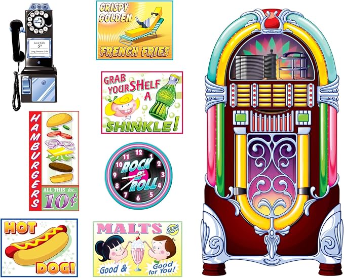 Soda Shop Signs & Jukebox Props Party Accessory (1 count) (8/Pkg) | Cut Apart Plastic Decorations Featuring 1950’s Era Jukebox Food Signs and Retro Diner Graphics for Wall Displays by Beistle
