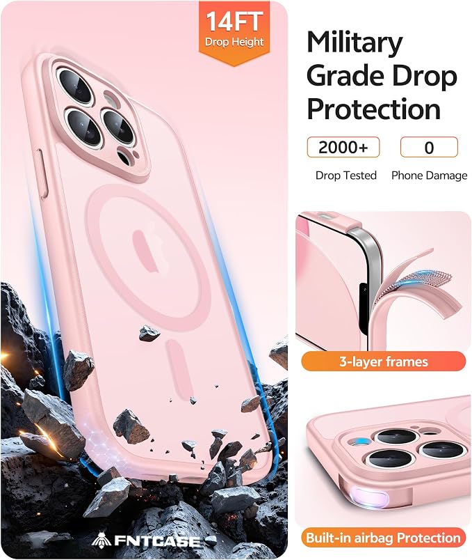 FNTCASE for iPhone 13 Pro Max Case, Fit for Magsafe, Full Camera Protection | Translucent Matte Magnetic Phone Back, 14FT Military Grade Drop Proof, Slim Shockproof Protective Cover, Light Pink - Image 5