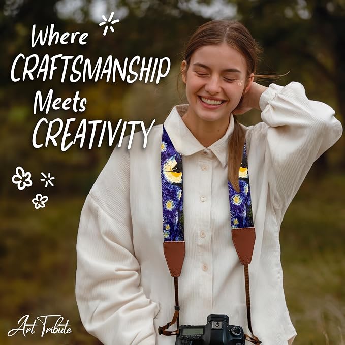 Art Tribute Camera Strap - Shoulder, Crossbody & Neck Camera Strap for Photographers, Fits All Cameras, Canon Nikon Sony Fujifilm, Padded Strap W/Quick Release, Leather Ends, Van Gogh Starry Night - Image 8