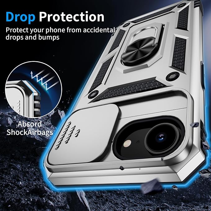 for iPhone 17e Case & iPhone 16e Case with 2X HD Screen Protector & Slide Camera Cover & Rotated Ring Kickstand, Rugged Heavy Duty Protective Phone Case for iPhone 17e/16e 6.1", Silver - Image 4