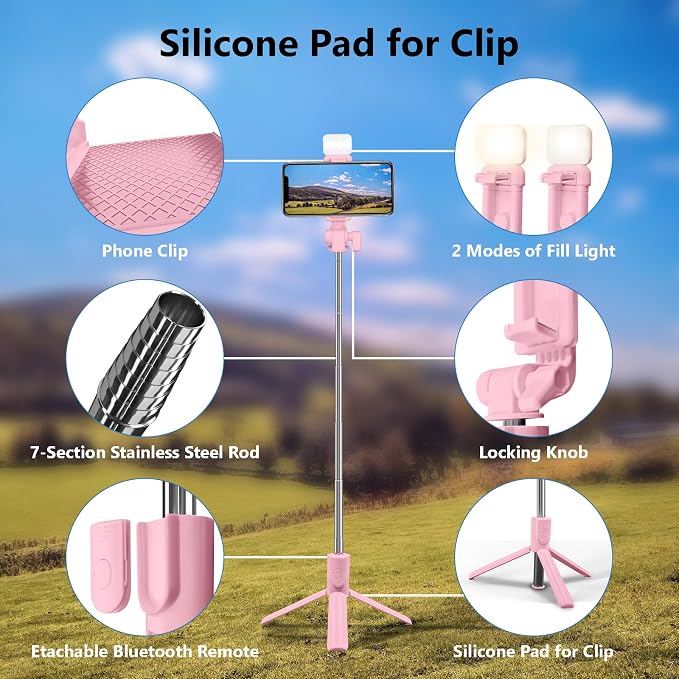 Selfie Stick Tripod, 40in Retractable Phone Tripod with Wireless Remote Control & Light, Portable Selfie Stick Tripod for Photograph, Video Recording, Compatible with All Cellphones (Pink) - Image 7