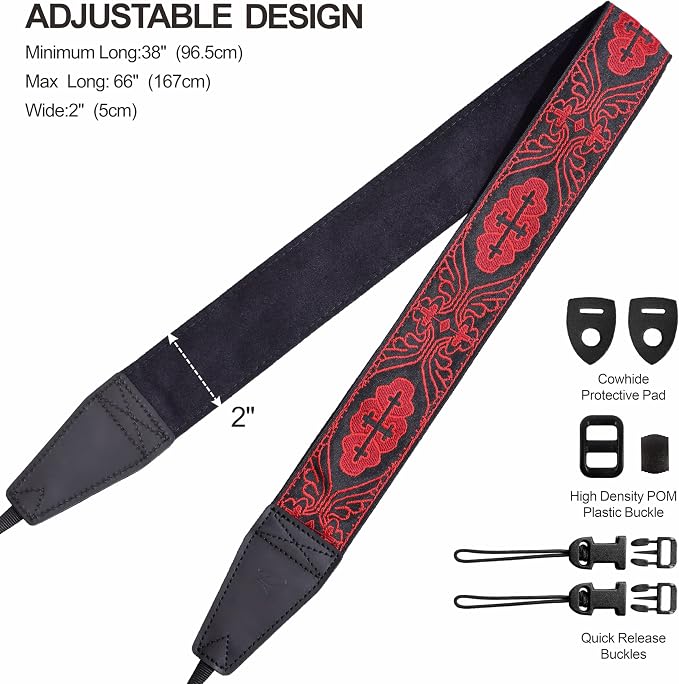 Padwa Lifestyle Camera Strap - 2" Full Grain Leather Ends Camera Straps for Photographers, Vintage Red Embroidered Cotton Weave Soft Suede Fabric Padded Strap Quick Release fits All Cameras - Image 6