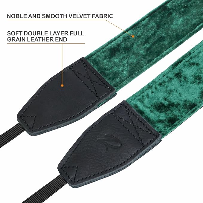 Padwa Lifestyle Green Velvet Camera Strap - 2" Double Layer Full Grain Cowhide Leather Head Camera Straps for Photographers,Unique Soft Velvet Fabric with Quick Release fits all Cameras - Image 3