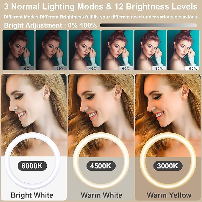 13" Selfie Ring Light with 76" Tripod Stand & 3 Phone Holder, LED Camera Ringlight with 48 RGB Colors Modes & Musical Rhythm Mode and 12 Brightness Dimmable for Makeup/Photography/Videos/Vlog/TikTok - Image 2