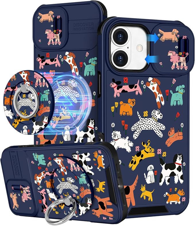Buleens for iPhone 16 Case 6.1 Inch - with Ring Stand & Camera Cover Aesthetic Cute Designed for Women Girls Girly Cartoon Kawaii Dogs Unique Phone Case for iPhone 16 Compatible with Magsafe by Buleens