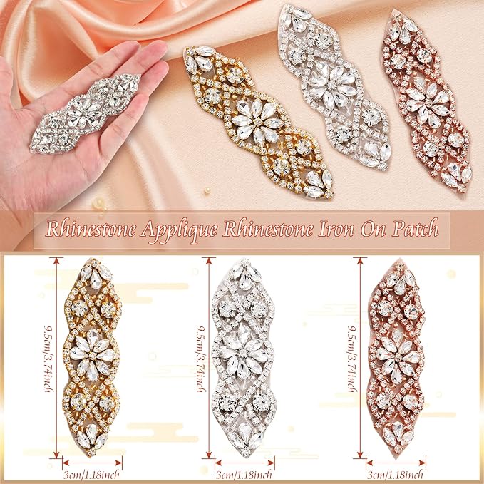 Jutom 4 Pcs Rhinestone Appliques Iron on Patches Wedding Dress Sash,Silver | Hot Fix Crystal Patches, Bridal Belt, Hair Accessories, Shoes, Easy Heat Application, Elegant Floral Design for Sewing - Image 2