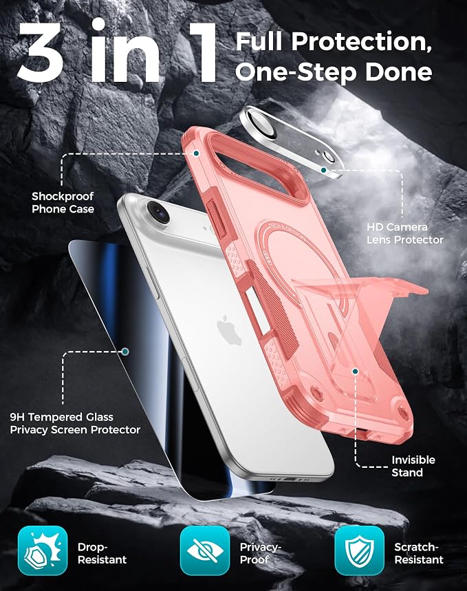 Goton 3 in 1 for iPhone Air Case with Privacy Screen Protector Pink | Glass Camera Lens Protector,Compatible for MagSafe,Invisible Kickstand, Shockproof Phone Cover for iPhone 17air - Image 3