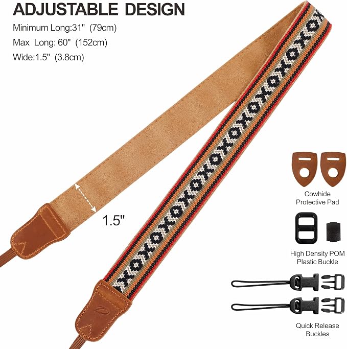 Padwa Lifestyle Camera Strap - 1.5" Crazy Horse Cowhide Ends Embroidered Camera Straps for Photographers, Cute Cotton Weave Soft Suede Fabric Padded Strap fits All Cameras for Adults & Kids - Image 6