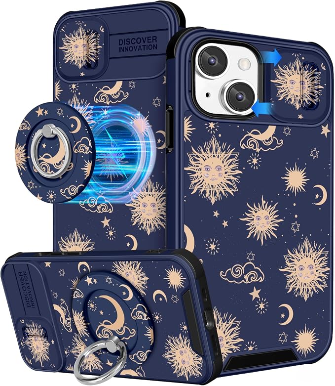 Buleens for iPhone 13 Case 6.1 Inch - with Ring Stand & Camera Cover Aesthetic Cute Designed for Women Girls Sun Moon Stars for Phone Case for iPhone 13 Compatible with Magsafe by Buleens