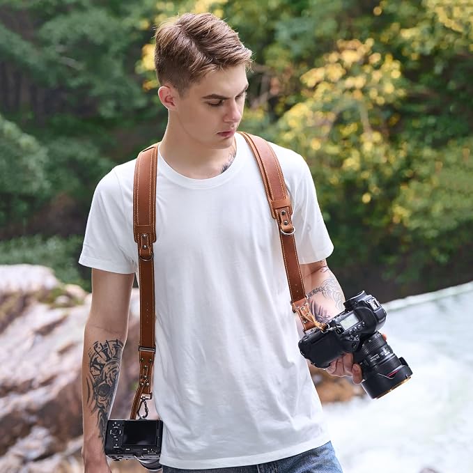 Padwa Lifestyle Tan Dual Camera Harness Strap with Padded for Two Cameras - Dual Shoulder Full Grain Leather Harness,Multi Camera Gear for DSLR/SLR Strap,Double Camera Harness for Photographers - Image 4
