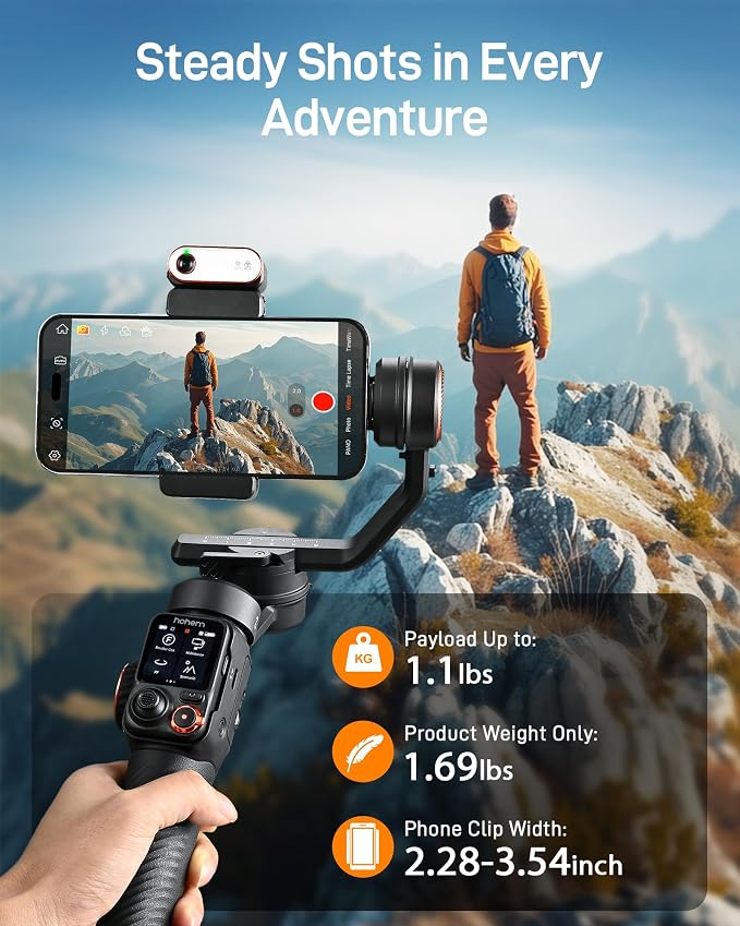hohem iSteady M7 Gimbal Stabilizer for iPhone & Android, 3-Axis Gimbal | Magnetic AI Tracker, iSteady 9.0, 7.6" Rod, RGB Fill Light, 12H Battery, AI Live Feed Monitoring, Touchscreen Remote - Image 5