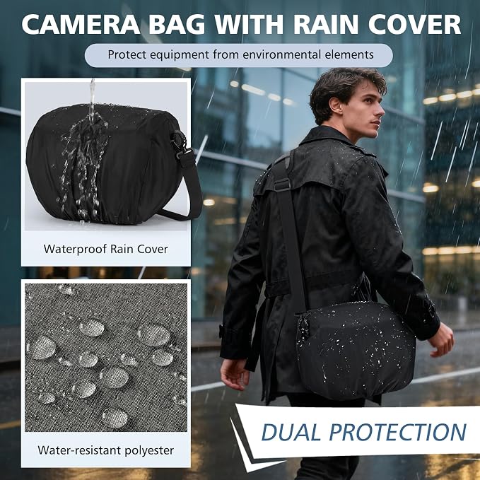 RAINSMORE Camera Bag, DSLR/SLR/Mirrorless Camera Sling Bag for Photographers Waterproof Small Camera Case with Tripod Holder & Rain Cover Camera Crossbody Bag for Canon/Nikon/Sony/Fuji, Grey - Image 4