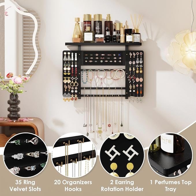 Emfogo Jewelry Organizer Hanging Wall Mounted Jewelry Holder, 5-in-1 Large Capacity Necklace Organizer Wall Display for Ring, Necklaces, Bracelets, Earrings(Black) - Image 3