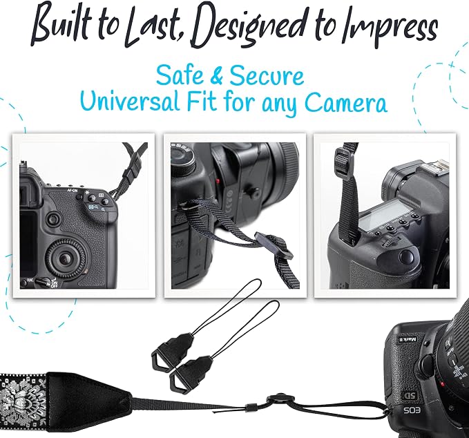 Art Tribute Camera Strap - Shoulder, Crossbody & Neck Camera Strap for Photographers, Fits All Cameras, Canon Nikon Sony Fujifilm, Padded Strap W/Quick Release, Embroidered Cotton & Leather Ends - Image 7