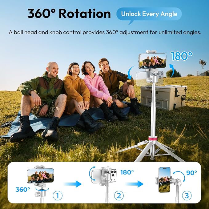 ULANZI MT-44B Phone Tripod, 59'' Auto Open Phone Stand Dual Camera Set up | 360° Ball Head, Extendable Selfie Stick w Cold Shoe, Stable Four-Leg for Filming Vlog Travel, Family Gatherings White - Image 5