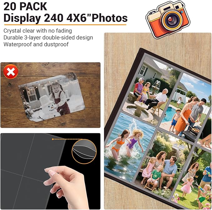 4x6 Photo Album Refill Pages for 3 Ring Binder, 20 Pack Vertical Clear Plastic Photo Sleeves, Holds 240 Photos, Acid-Free Page Protectors, Large Capacity Family Wedding Anniversary Baby Picture Albums - Image 4