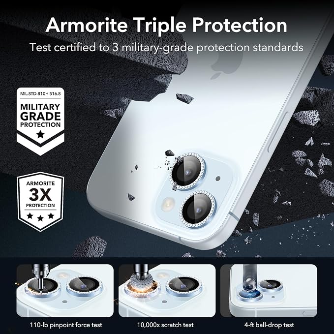ESR 2 Pack Camera Lens Protector for iPhone 15/15 Plus/14/14 Plus, Ultra-tough HD Individual Lens Protectors, Scratch Resistant, Ultra-thin Tempered Glass, Armorite Series, Rhinestone Blue | Individual Camera Cover, 9H Tempered Glass, Original Camera C... - Image 3