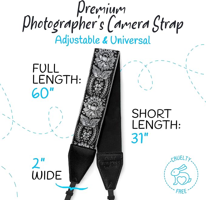 Art Tribute Camera Strap - Shoulder, Crossbody & Neck Camera Strap for Photographers, Fits All Cameras, Canon Nikon Sony Fujifilm, Padded Strap W/Quick Release, Embroidered Cotton & Leather Ends - Image 5
