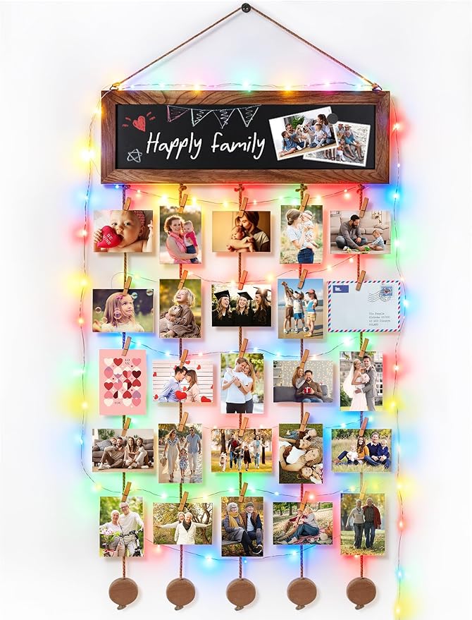 Bikoney Hanging Photo Display with String Lights, Clips & Chalkboard | Rustic Collage Picture Frame for Polaroids, Magnetic Chalkboard, Perfect Dorm Wall Decor & Graduation Gift by Bikoney