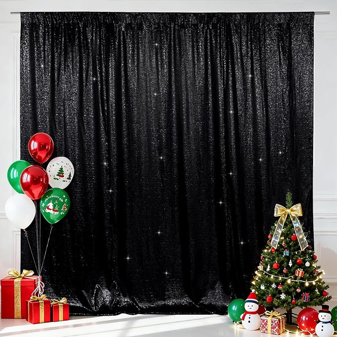SquarePie 6x6ft Black Sequin Backdrop, High Density Non-Transparent Glitter Curtain for Photography, Birthday, Wedding Party Decorations, Thick Solid Background with 4" Rod Pocket, 1 Panel - Image 2