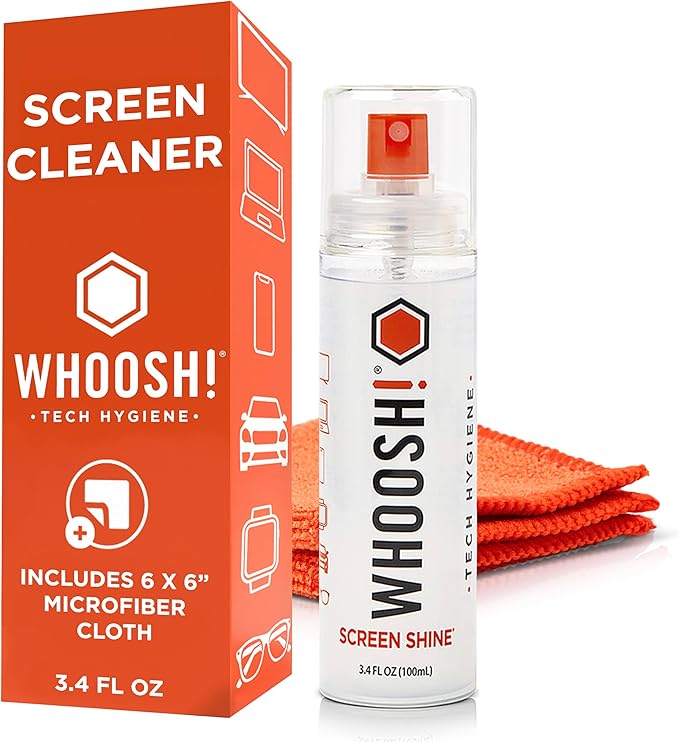 WHOOSH! Screen Shine Go XL – Screen Cleaner Spray & Wipe Kit, 3.4 fl oz | Includes 6x6" Microfiber Cloth, Sleek Bottle for Home & Travel, Streak Free Finish, For Car, Computer, MacBook & Eyeglasses by WHOOSH