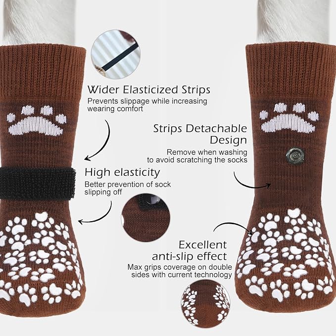 EXPAWLORER Anti Slip Dog Socks to Prevent Licking Paws, Dog Shoes for Hot Pavement, Dog Booties for Small Medium Large Senior Dogs, Traction Control Boots & Paw Protectors for Hardwood Floors Coffee - Image 2