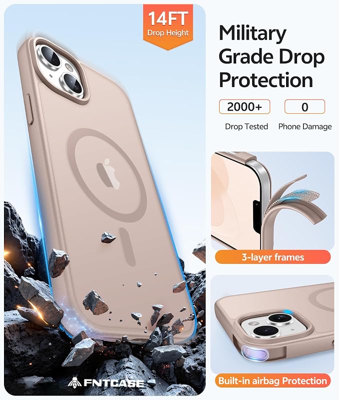 FNTCASE for iPhone 15/14 Plus Case, Fit for Magsafe, Screen Protector | Translucent Matte Magnetic Back, 14FT Military Grade Drop Protection, Shockproof Protective Phone Cover, Desert Gold - Image 5