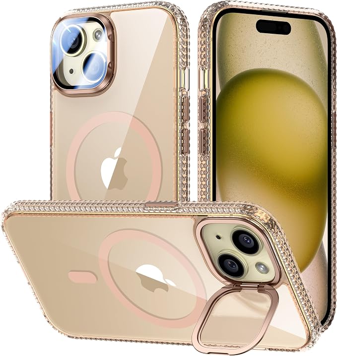 VOFATA [Upgraded] for iPhone 15 Case with Camera Cover Stand [Fit for MagSafe][9H Camera Lens Protector] Mil-Grade Protection Transparent Magnetic iPhone 15 Phone Case, Clear Gold by VOFATA