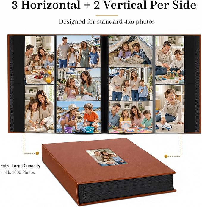 Aevdor Large Capacity 4x6 Photo Album, 1000 Photos, Leather Cover, Brown | 3 Horizontal + 2 Vertical per Side, Acid-Free Black Inner Pages, Front Display Window, Family, Wedding & Everyday Photos - Image 4