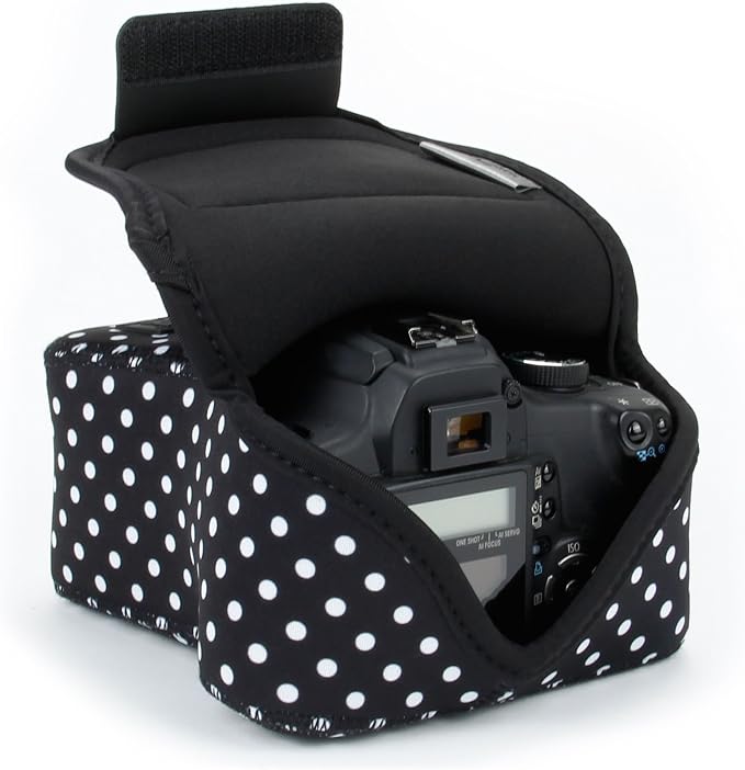 USA Gear Camera Sleeve (Medium) for Compact SLRs Compatible with Canon EOS R100 Nikon Z30 Sony ZV-E10, and more - Padded Neoprene DSLR Case with Zipper Accessory Pocket & Belt Loop (Polka Dot) by USAGEAR