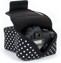 USA Gear Camera Sleeve (Medium) for Compact SLRs Compatible with Canon EOS R100 Nikon Z30 Sony ZV-E10, and more - Padded Neoprene DSLR Case with Zipper Accessory Pocket & Belt Loop (Polka Dot) by USAGEAR
