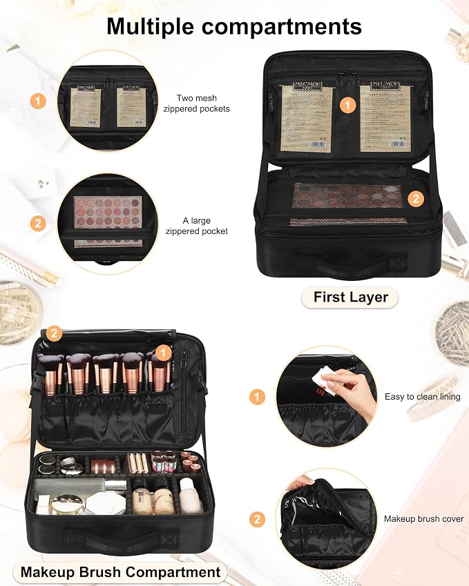 Relavel Makeup Bag Travel Train Case Cosmetic Organizer with Divider, Black | Large Storage Box with Adjustable Dividers and Brush Compartment for Cosmetics, Toiletries, Nail Polish, Jewelry, Electronic - Image 3