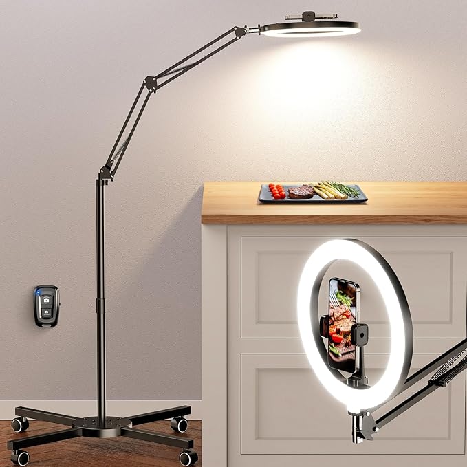 LUXSURE Ring Light Tripod for iPhone with Light,Overhead Camera Mount with Casters,Ring Light with Stand and Phone Holder for Video Recording,Phone Tripod with Light for Live Streaming/Cooking by LUXSURE